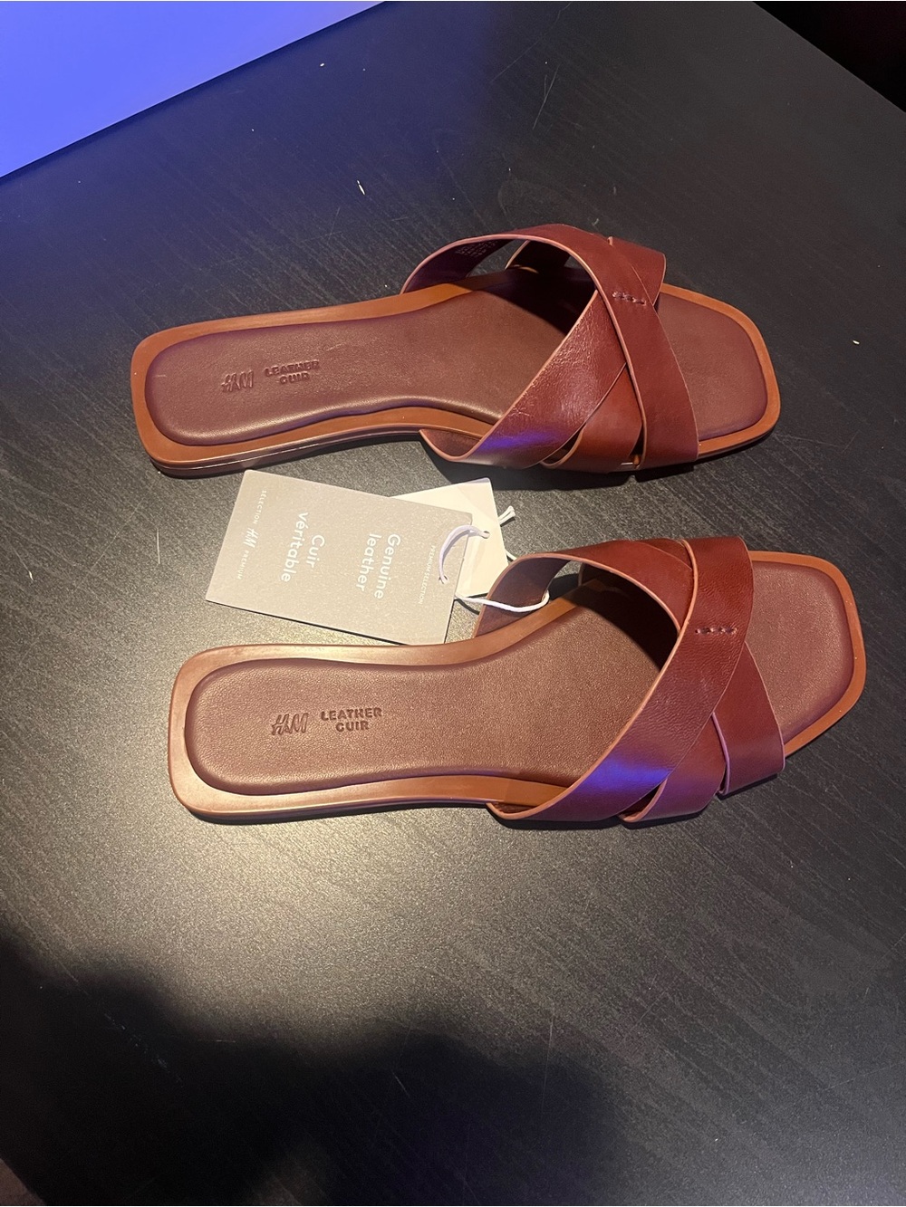 H&M Brown Leather Crisscross Slide Sandals